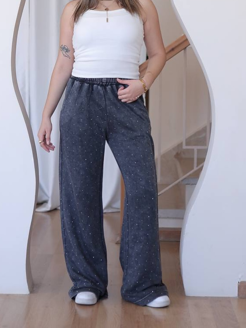Rhinestone Embellished Wide Leg