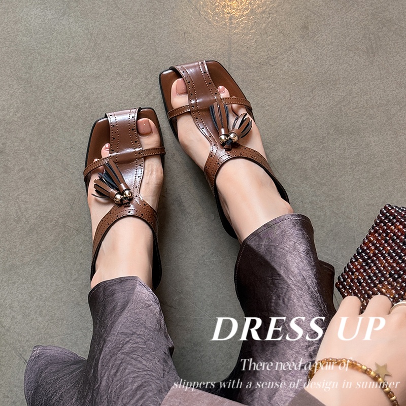 Women Leather Tassel Slide