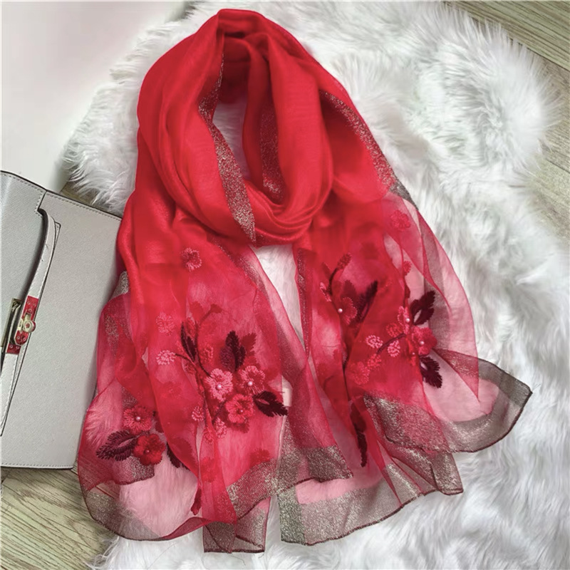 Begonia Flower Embroidered and Beaded Silk-Wool Scarf