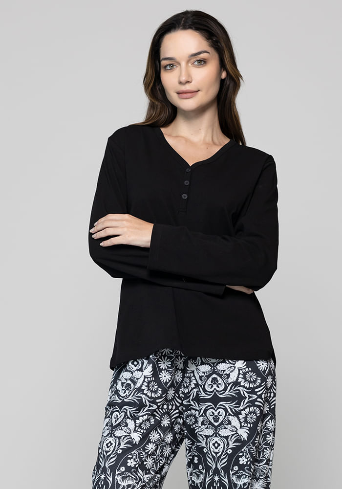 Pijama Largo Rib Poli Algodón Negro